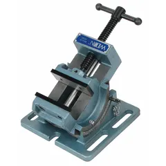 This WILTON cradle-style angle drill press vise features smooth face jaws with a 3 in maximum jaw opening and 1 1/8 in throat depth. It is designed for securely holding workpieces at precise angles during drilling, milling, and tapping operations. The smooth jaws protect finished surfaces, making it suitable for metalworking and fabrication tasks requiring repeatable clamping accuracy.