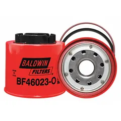 Spin-on fuel filter with cellulose media, 3 3/4 in outside diameter, and 1"-14 thread size. Designed for Racor applications in heavy-duty vehicles such as buses. Removes contaminants from diesel fuel to protect injectors and engine components.