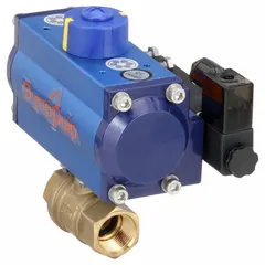 This pneumatically-actuated two-way ball valve features a brass body with 3/4 in FNPT x FNPT connections. It is operated by a 115V AC pilot solenoid for remote on/off flow control in industrial piping systems handling water, oil, or gas.
