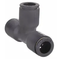 This push-fit tee fitting is made of nylon and nickel-plated brass. It has a 5/32 in OD x 1/4 in OD x 5/32 in OD size and a 1 13/32 in overall length. Sold in a 10-pack, it is used to branch pneumatic or fluid lines without tools