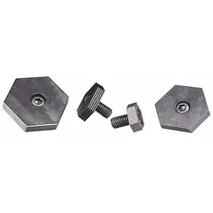 Steel adjustable fixture clamp with serrated face. Clamping range from centerline is 0.7086 in to 0.9055 in. Used for workholding in machining operations such as milling, drilling, or grinding to secure workpieces within the specified range.