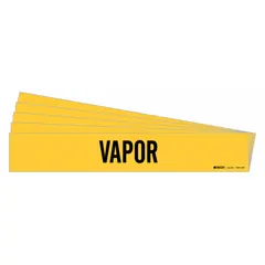 Yellow adhesive pipe marker with black legend text reading 'Vapor'. Designed for pipe outer diameters of 8 inches and larger. Pack of 5 markers without arrows. Used to identify vapor lines in industrial piping systems.