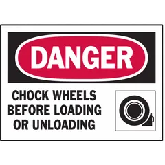 Adhesive-mounted polyester danger signs warning to chock wheels before loading or unloading. Each sign measures 3 1/2 in x 5 in with a thickness of 0.01 in. Suitable for indoor industrial areas where vehicles are loaded or unloaded. Pack of 5.