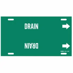 Strap-on pipe marker for identifying drain pipes. Green background with white legend and directional arrows. Fits pipe outer diameters from 8 to 9 7/8 inches. Suitable for industrial piping systems requiring clear pipe identification.