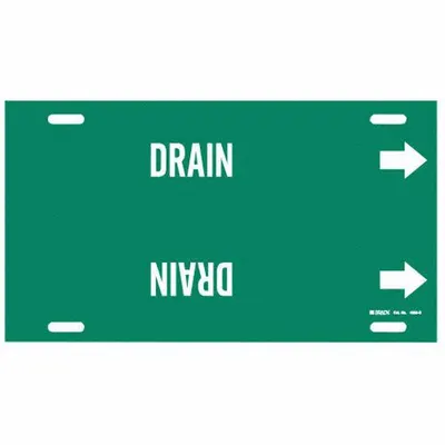 BRADY Pipe Marker: Drain, Green, White, Fits 8 to 9 7/8 in Pipe O.D., 1 Pipe Markers - Drain Strap-On Pipe Markers