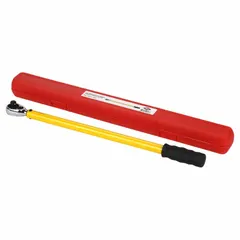 Factory preset ratcheting torque wrench with 1/2 in drive size, preset to 65 ft-lb. Overall length of 22-3/4 in. Used for precise torque application on fasteners in industrial assembly, maintenance, and repair, ensuring consistent tightening to prevent over- or under-torquing.