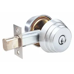 This ARROW standard cylindrical deadbolt features a satin chromium-plated finish and a conventional core cylinder with AR1 keyway. Designed for doors up to 1 3/8 in thick, it is ADA compliant and includes a core. Suitable for interior or exterior doors in commercial or institutional settings.