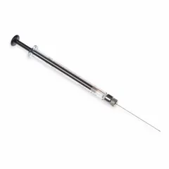 Gastight syringe with a borosilicate glass barrel and PTFE plunger and tip. Features a replaceable tip and Large Removable attachment for use with Large RN Hub needles. Includes needles with point style 2. Individually packaged. Suitable for precise liquid handling in analytical and laboratory applications.