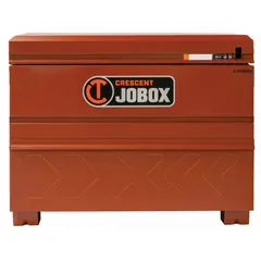 This chest-style jobsite box provides 20 cu ft of storage capacity for tools and equipment. It features a padlock hasp (lock not included) and is finished in brown. Typical applications include secure storage on construction sites, in workshops, and industrial facilities.