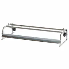This surface-mount masking dispenser holds a single 36-inch paper roll horizontally and includes an integrated cutter. Constructed of aluminum, it accommodates rolls up to 3 ft wide. Used in painting, coating, and finishing operations to dispense and cut masking paper for surface protection.