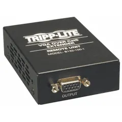 This 1-port display extender receiver in black features an HD15 female input and RJ45 female output, supporting a maximum frequency of 60 Hz. It is used to extend VGA or component video signals over Cat5e/6 cable, enabling remote placement of displays in settings such as conference rooms, digital signage, and control rooms.