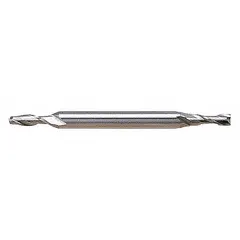 This double-end square end mill is made from high-speed steel with a TiCN coating for increased hardness and wear resistance. It features a 9/64" mill diameter, 13/32" length of cut, and 2 flutes. The 2-flute geometry provides efficient chip evacuation, making it suitable for slotting, profiling, and contouring in general-purpose milling of ferrous and non-ferrous materials.