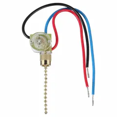 Pull chain switch with brass metal finish. Switch function configuration is On/On/On/Off, providing three on positions and one off position. Used for controlling lighting or other electrical loads in industrial and commercial settings, such as multi-level lighting or fan speed control.