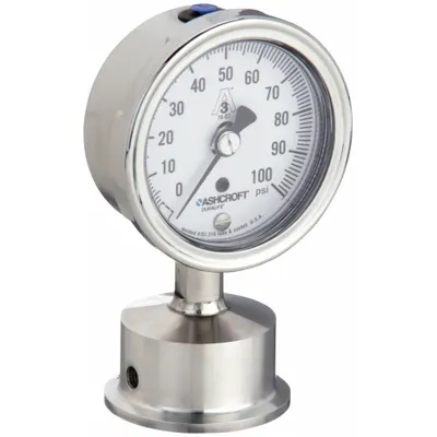 ASHCROFT Pressure Gauge: 0 psi to 100 psi, 2 1/2 in Dial, 1 1/2 in Tri-Clamp, Bottom - Dial 3-A Certified Sanitary Pressure Gauges