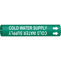 Green snap-on pipe marker with white legend reading 'Cold Water Supply' and directional arrows. Fits pipe outer diameters of 4 to 6 inches. Used to identify cold water supply lines in industrial piping systems.