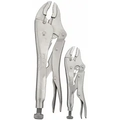 This set includes two curved-jaw pliers with max jaw openings of 1 1/8 in and 1 7/8 in, and overall lengths of 5 in and 10 in. Both feature a plain grip. Used for clamping, gripping, and holding workpieces in metalworking, fabrication, and maintenance tasks.