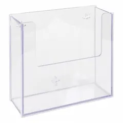 Wall-mounted lab storage bin made of clear PETG for holding a stack of lint-free wipes. Overall height 11 1/2 in, overall length 13 in. Suitable for cleanroom environments where organized wipe storage is needed.