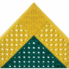 This perforated drainage mat is designed for use in eyewash station areas to provide a slip-resistant surface that allows water to drain away. Constructed of PVC vinyl with a beveled edge to reduce trip hazards, it measures 4 ft x 3 1/2 ft with a 7/8 in thickness. The mat is green/yellow with a yellow border and is not reversible.
