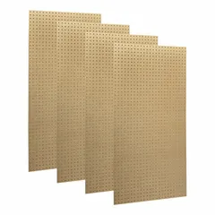 High-density fiberboard pegboard panel with 1/4-inch round holes. Natural color, no finish. Measures 48 inches by 24 inches by 1/4 inch. Used for organizing tools and supplies in workshops, garages, and industrial storage areas.