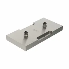 Rectangular aluminum fixture plate for zero point clamping systems. Dimensions: 150 mm W x 300 mm L x 47.4 mm H, weight 6.83 lb. Thread size M10x1.50, pull stud size K10, includes installed zero point stud. Compatible with 2-module subplates. Used for quick and repeatable workpiece positioning in machining operations.