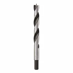 High-speed steel brad-point drill bit for clean, precise holes in wood and wood composites. The brad-point tip reduces walking and splintering. Overall length 5-15/16 in, shank diameter 3/8 in.