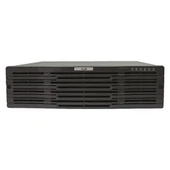 Network IP video recorder supporting up to 64 camera inputs. Features BNC, HDMI, and VGA outputs for local monitoring, with a 10/100/1000 mbps network interface. Records in H.264 or H.265 compression with schedule-based recording modes. Suitable for centralized video management in commercial and industrial surveillance systems.