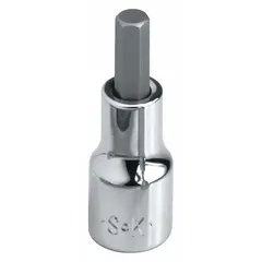 This hex bit socket features a 5/16 in SAE hex tip and 2 in overall length, designed for 3/8 in drive ratchets. The replaceable insert extends tool life. Used for driving hex fasteners in assembly, maintenance, and repair tasks.