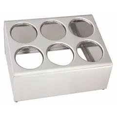 Flatware dispenser with silver finish and 6 compartments for organizing utensils. Overall height of 8 inches. Suitable for use in commercial kitchens, cafeterias, and food service areas where sorted flatware needs to be accessible.