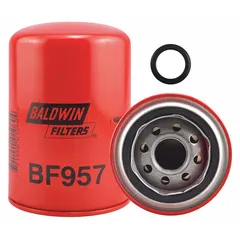 Spin-on fuel filter with cellulose media and integral gasket. Outside diameter 3 11/16 in, thread size 1"-14. Used for removing contaminants from diesel fuel in Cummins engines, commonly applied in bus and heavy-duty vehicle fuel systems.