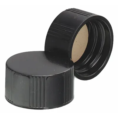 WHEATON Cap: 21 mm Dia, Black, Phenolic, PTFE Faced Rubber, 18-400 mm Screw Closure Size - Screw On Caps