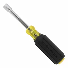This pass-through nut driver features a hollow hex tip designed for driving standard hex nuts. The magnetized tip holds fasteners securely during use. Suitable for assembly and maintenance tasks requiring metric hex nut driving.