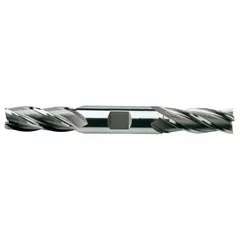 Double-end high-speed steel square end mill with 7/16" mill diameter, 1" length of cut, and 4-1/8" overall length. Features 4 flutes for efficient chip evacuation. Suitable for general-purpose milling, slotting, and profiling in ferrous and non-ferrous materials.