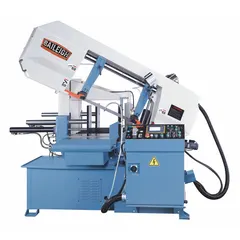 This mitering automatic horizontal band saw has a 15 in x 24 in cutting capacity and a blade speed range of 65 to 279 SFPM. It operates on 220V AC, 3-phase power and offers a mitering range of 0° to 45°. Designed for cutting metal stock such as structural steel, pipe, and bar stock in industrial fabrication and production environments.