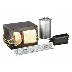 This ballast kit regulates power for 1000W high-pressure sodium lamps with ANSI Code S52. It features pulse start technology and operates on 480V AC input. The kit includes a capacitor. Typical applications include industrial and outdoor lighting such as warehouses, parking lots, and manufacturing facilities.