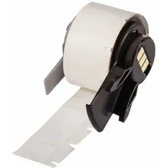 White matte destructible tamper-indicating label roll with two precut sizes: 1/2 in x 1 in and 1 in x 1/2 in. Compatible with BMP71 printer using Media Adapter. Used for security seals and tamper-evident identification in industrial environments.