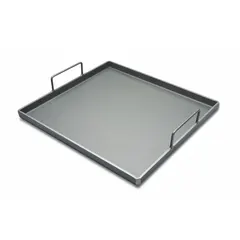 Steel griddle plate with overall width of 20 1/2 in and depth of 21 3/4 in. Designed for use in commercial cooking equipment where removable cooking surfaces facilitate cleaning and replacement. Suitable for preparing foods such as pancakes, eggs, and burgers.