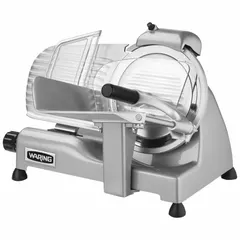 This electric food slicer features an 8.5-inch blade and a maximum slice thickness of 9/16 inch. Powered by a 3/4 hp motor at 120V AC and 1.1 A, it includes a built-in sharpener. Suitable for slicing meats, cheeses, vegetables, and breads in commercial kitchens and food-service operations.