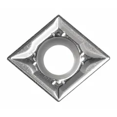 This diamond indexable turning insert is used for precision turning operations on a variety of materials. It is suitable for applications requiring fine surface finishes and tight tolerances in general metalworking.