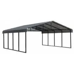 Steel carport with a 20 ft width, 20 ft length, and 7 ft overall height. Includes roof panels. Charcoal roof and black frame. Provides covered parking for vehicles, boats, or equipment.
