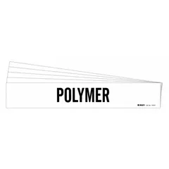 White adhesive pipe marker with black legend text reading 'Polymer'. Designed for pipe outer diameters from 2-1/2 to 7-7/8 inches. Pack of 5 markers without directional arrows. Used to identify polymer pipe contents in industrial piping systems.