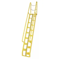 These steel alternating-tread stairs provide space-efficient access to elevated platforms and machinery in industrial settings. The perforated treads reduce debris accumulation for safer footing. Yellow finish. Load capacity 350 lb.