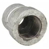 This straight pipe fitting is made of malleable iron and features a 3/4-inch by 1/2-inch NPT thread reduction. It is used to connect pipes of different sizes in medium-pressure plumbing, pneumatic, and hydraulic systems for air, water, oil, and gas lines