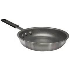 This 12 1/2-inch non-stick fry pan features an aluminum body with a silver finish and a steel riveted handle in gray. The PlatinumPro coating provides food release and easy cleaning. NSF certified for commercial use, it is suitable for cooking eggs, pancakes, and sautéed vegetables on gas or electric ranges.