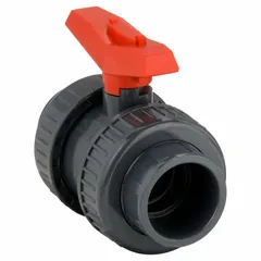 This manual two-way ball valve is made of PVC with a straight two-piece body and FNPT x FNPT connections. It features a tee handle for operation and is used for flow control in PVC piping systems.