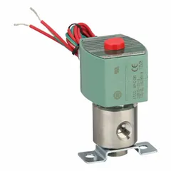 This 3-way/2-position configurable solenoid valve from REDHAT features a 1/4 in pipe size and operates on 110V AC voltage. It is designed for direct mount DIN installation without a junction box. Suitable for controlling air, water, or light oil in industrial automation and fluid handling systems.