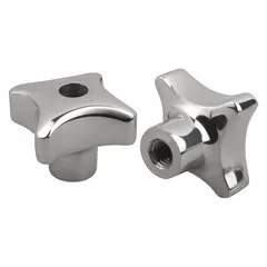This 4-arm knob features a threaded through-hole and is made of stainless steel for corrosion resistance. With a 63 mm diameter and M12 thread, it provides a secure multi-position grip for manual adjustment and clamping in industrial machinery.