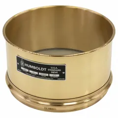 This test sieve features a stainless steel screen and a brass frame, with an 8-inch outside diameter and 4-inch height. The #200 US Standard screen size corresponds to 75-micron openings. It is used for particle size analysis of aggregates, soils, and other granular materials in laboratory settings.