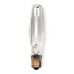 250-watt high-pressure sodium lamp with ED18 bulb shape and Mogul Screw (E39) base. Operates at 2100K color temperature. Suitable for universal burning positions in industrial and commercial lighting applications such as warehouses, parking lots, and street lighting.