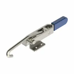 This J-hook latch toggle clamp features an auto latch release mechanism and a locking horizontal handle. With an overall depth of 1.45 inches, it is suited for quick, secure workpiece holding in industrial fixturing, assembly, and welding applications where repetitive clamping and quick release are required.