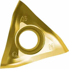 Triangle (T) indexable milling insert with ERGM geometry for general-purpose face and shoulder milling. Suitable for medium-duty machining of steel, stainless steel, and cast iron. Features CA6535 grade for wear resistance, 6.35 mm inscribed circle, 3.97 mm thickness, and 0.8 mm corner radius.